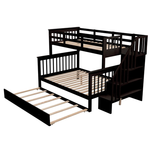 AECOJOY Twin-Over-Full Bunk Bed with Twin size Trundle, Storage and Guard Rail for Bedroom, Espresso