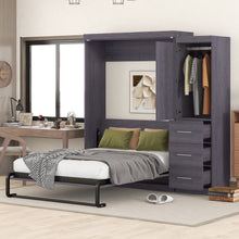 Load image into Gallery viewer, Euroco Wood Full Size Murphy Wall Bed with Wardrobe and Drawers for Living Room, Moveable Wardrobe and Drawers, Space - Saving &amp; Easy Open and Close for Kids Teens Adults, Gray