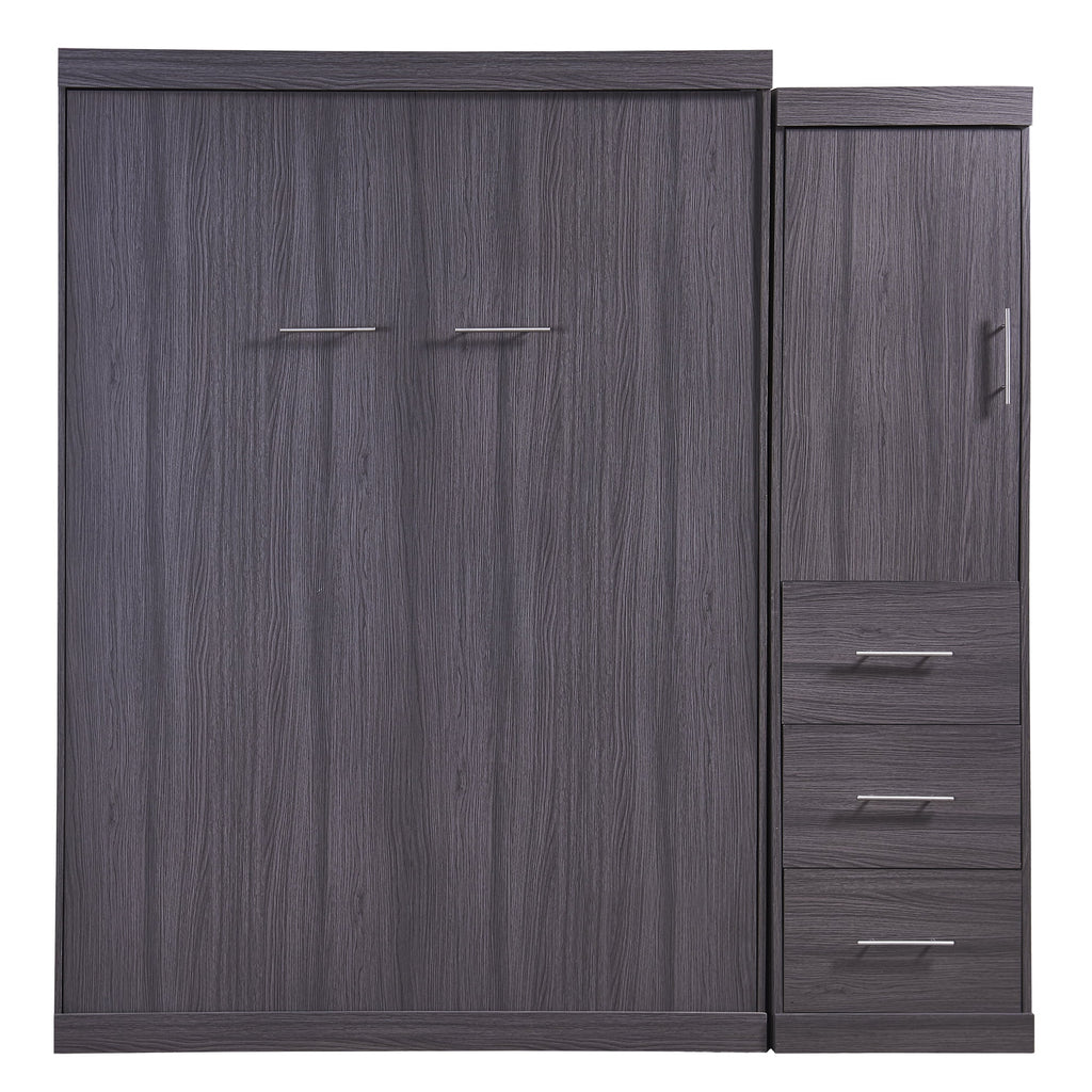 Euroco Wood Full Size Murphy Wall Bed with Wardrobe and Drawers for Living Room, Moveable Wardrobe and Drawers, Space - Saving & Easy Open and Close for Kids Teens Adults, Gray