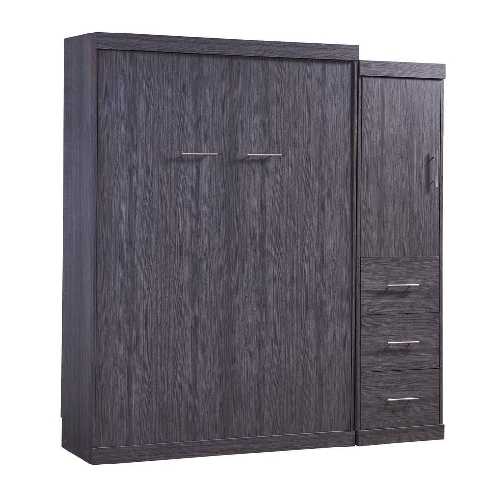 Euroco Wood Full Size Murphy Wall Bed with Wardrobe and Drawers for Living Room, Moveable Wardrobe and Drawers, Space - Saving & Easy Open and Close for Kids Teens Adults, Gray