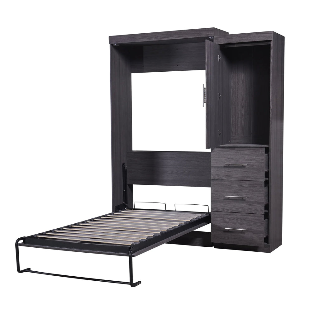 Euroco Wood Full Size Murphy Wall Bed with Wardrobe and Drawers for Living Room, Moveable Wardrobe and Drawers, Space - Saving & Easy Open and Close for Kids Teens Adults, Gray
