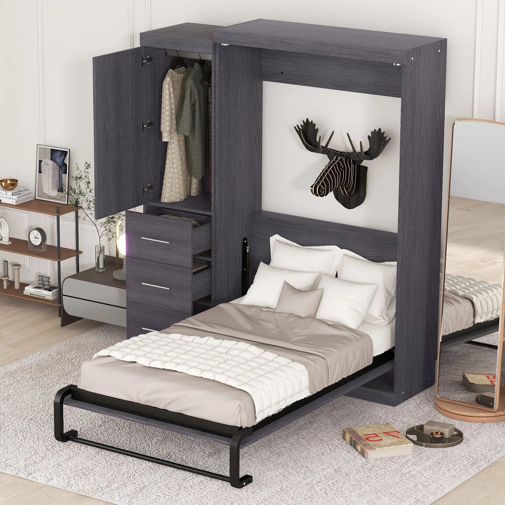 Euroco Wood Full Size Murphy Wall Bed with Wardrobe and Drawers for Living Room, Moveable Wardrobe and Drawers, Space - Saving & Easy Open and Close for Kids Teens Adults, Gray