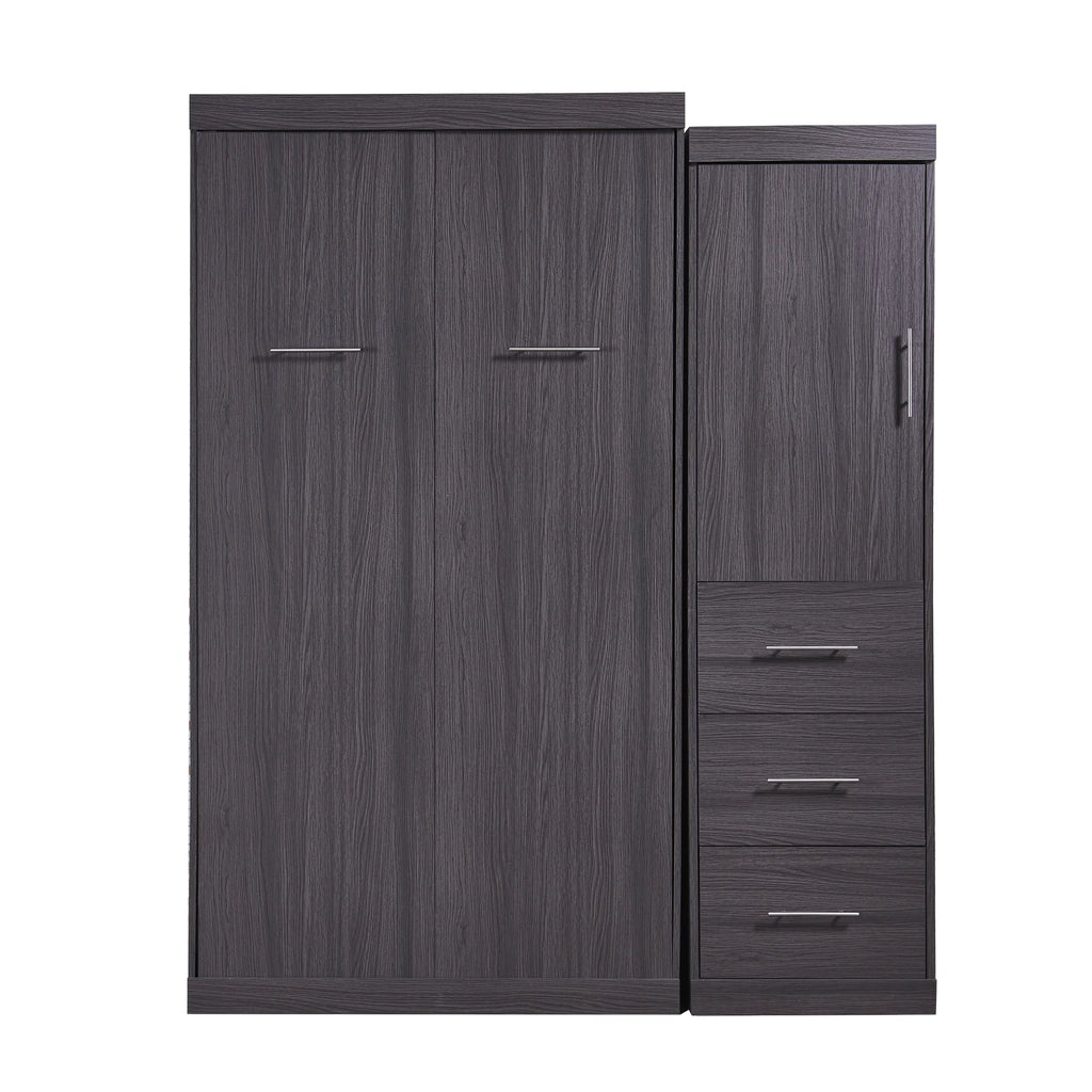 Euroco Wood Full Size Murphy Wall Bed with Wardrobe and Drawers for Living Room, Moveable Wardrobe and Drawers, Space - Saving & Easy Open and Close for Kids Teens Adults, Gray