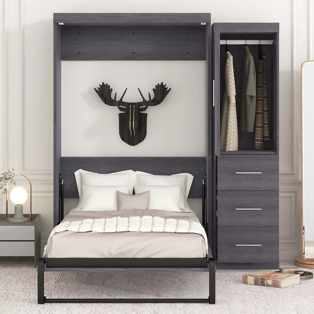 Euroco Wood Full Size Murphy Wall Bed with Wardrobe and Drawers for Living Room, Moveable Wardrobe and Drawers, Space - Saving & Easy Open and Close for Kids Teens Adults, Gray