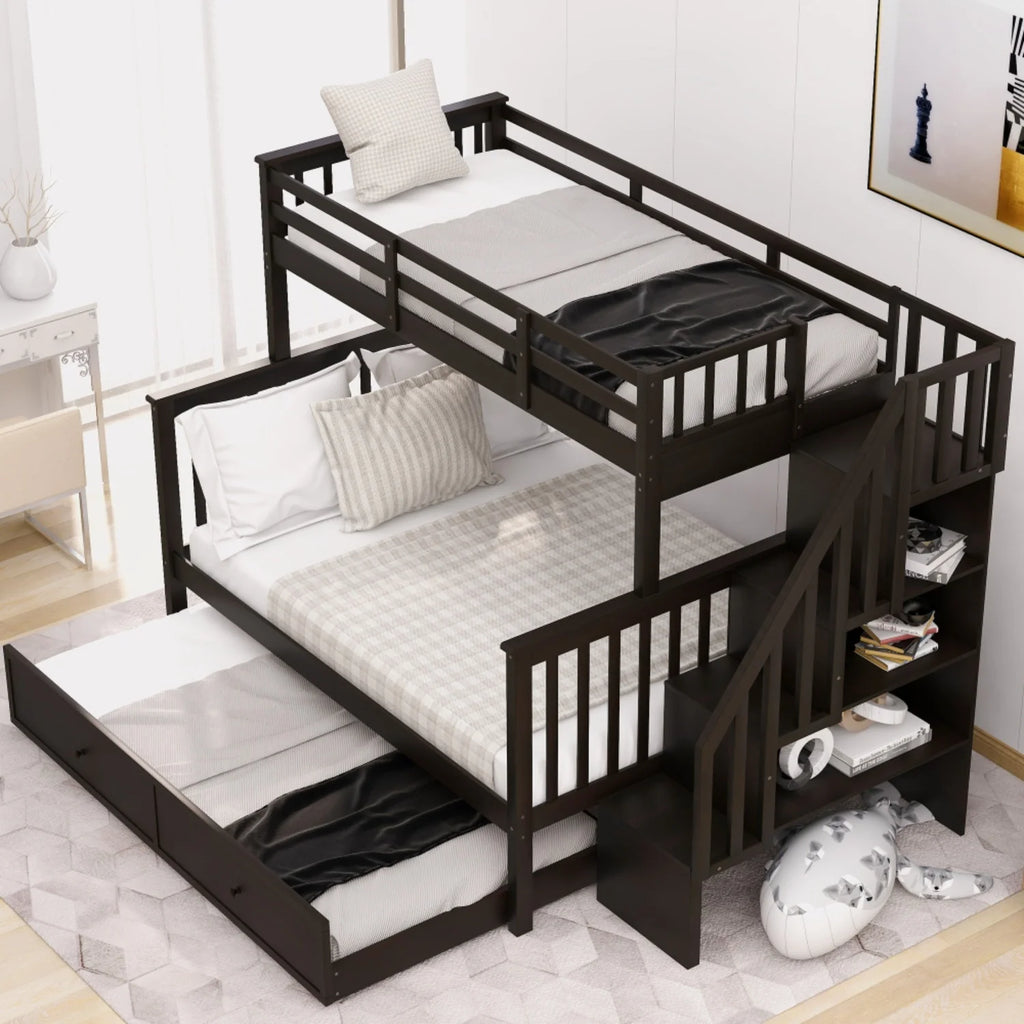 AECOJOY Twin-Over-Full Bunk Bed with Twin size Trundle, Storage and Guard Rail for Bedroom, Espresso